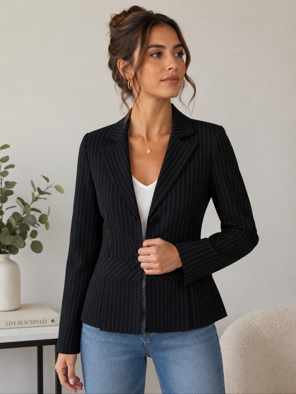 Vintage Y2K Beyond Black Pinstripe Peplum Fitted Blazer Jacket